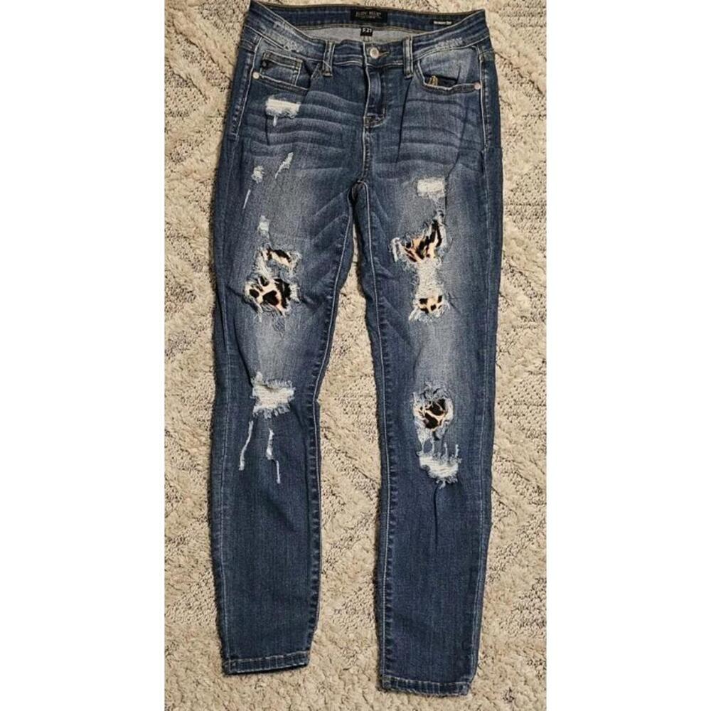 Judy Blue Mid-Rise Black Distressed Leopard Patch Skinny Fit Jeans Size 5 - 27